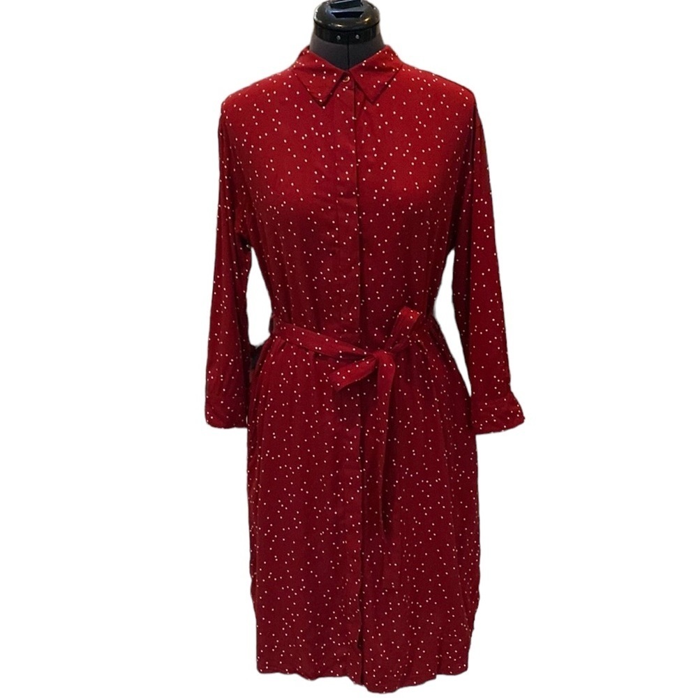 Uniqlo RED/White Polka Dots Long Sleeve Dress Buttons Down Belts attached Sz XS - Picture 6 of 16
